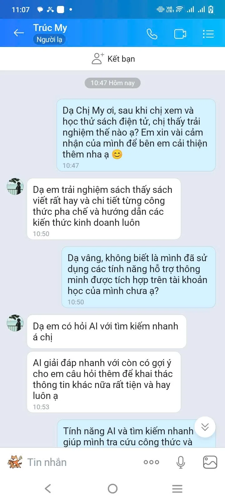 Tin nhắn Zalo của chị Mỹ sau khi đọc sách điện tử Làm Chủ Quán