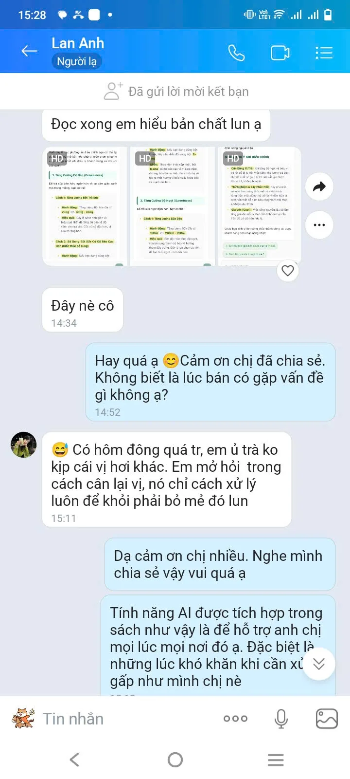 Tin nhắn Zalo của chị Lan Anh về tính năng hỗ trợ giải đáp 24/24