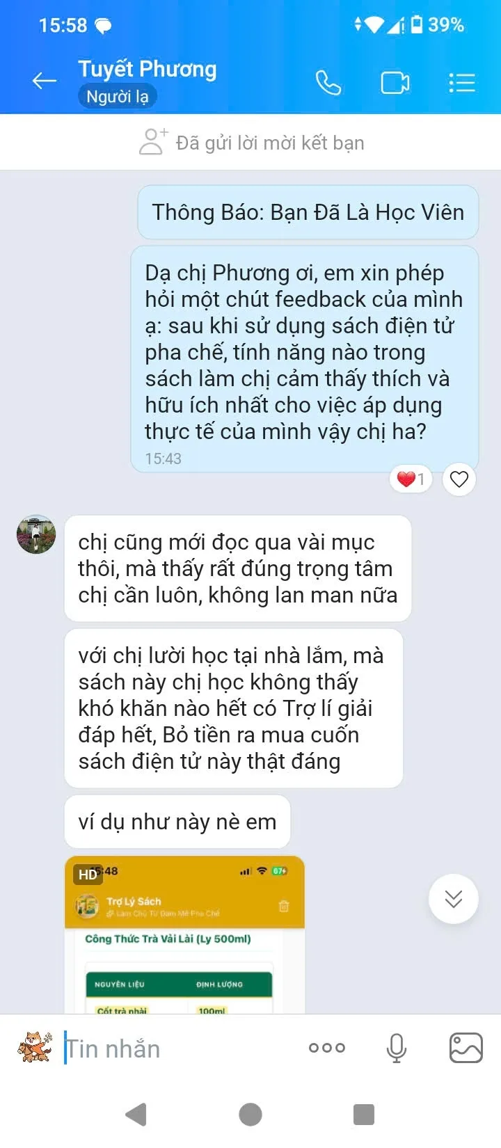 Tin nhắn Zalo của chị Tuyết Phương khen tính năng tìm kiếm thông minh trong sách điện tử