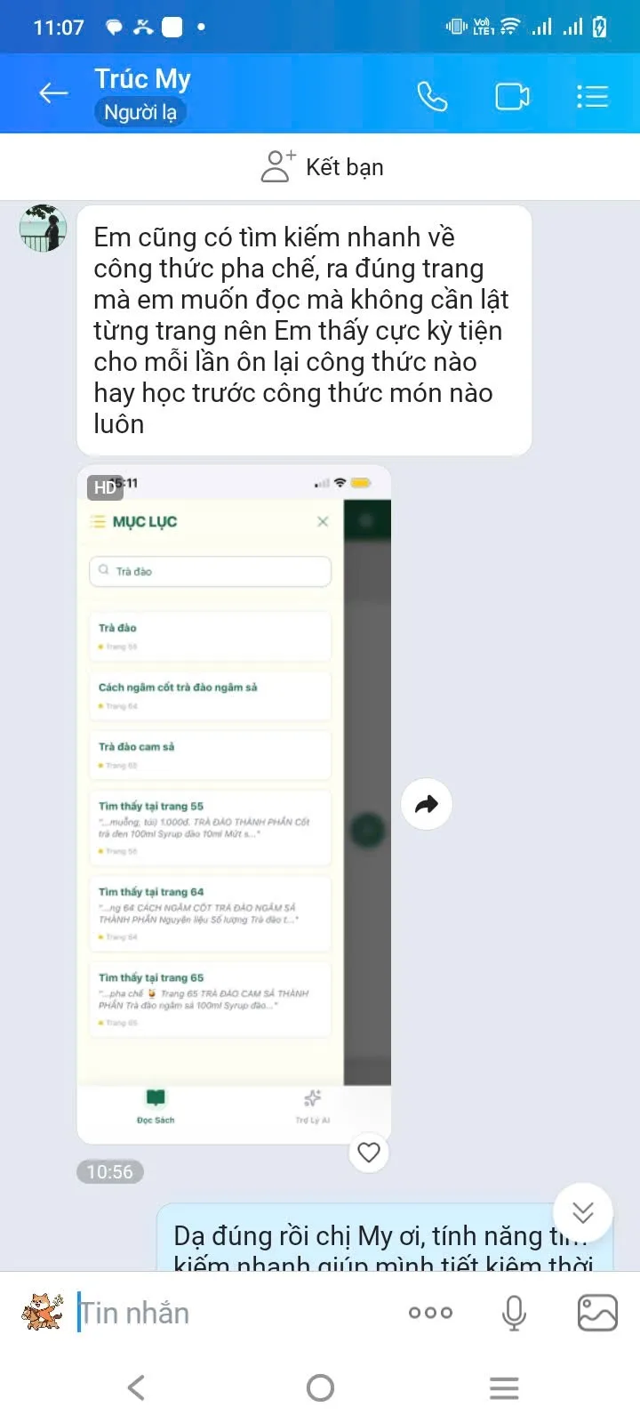 Tin nhắn Zalo của chị Mỹ phản hồi về nội dung sách điện tử