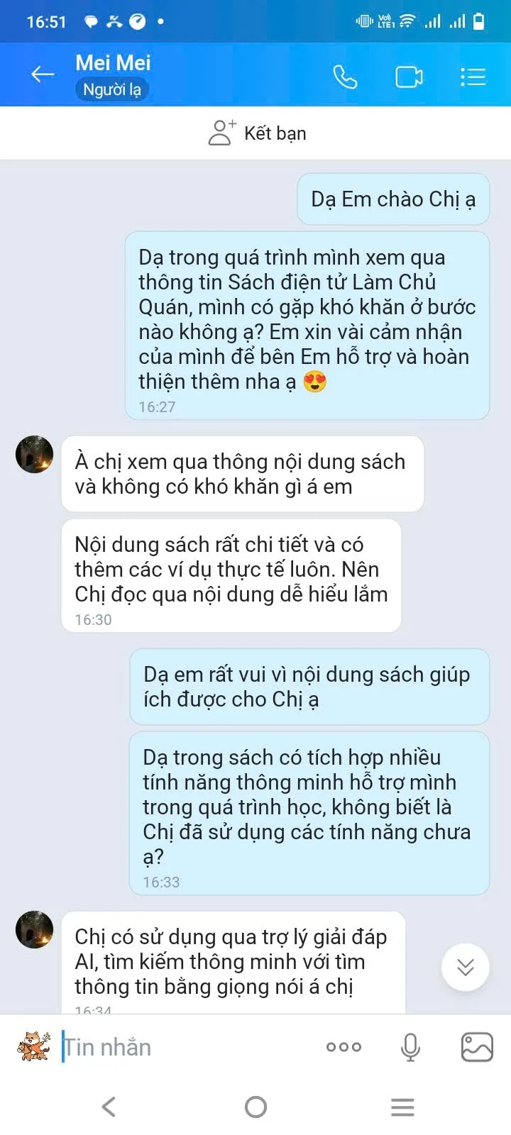 Tin nhắn Zalo của chị Gia Linh về bước đăng nhập bằng email để đọc sách điện tử