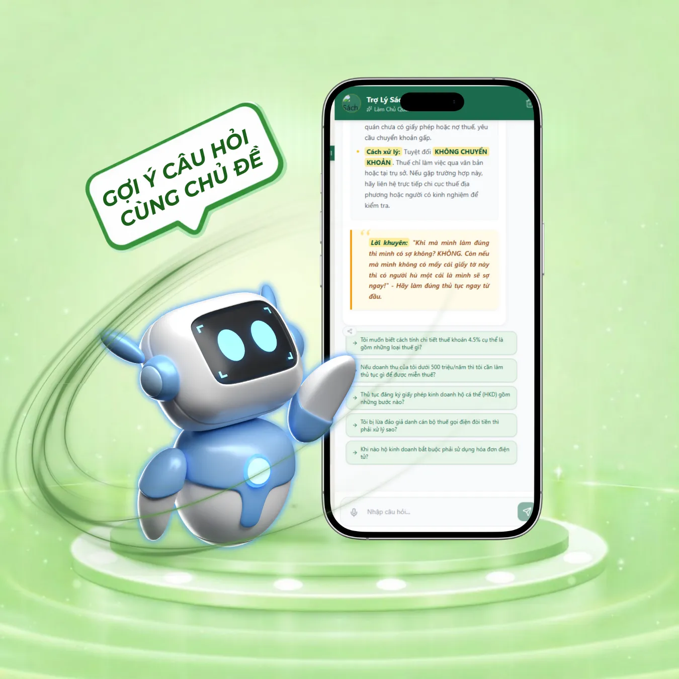 Khung chat trợ lý AI trên điện thoại đang gợi ý câu hỏi cùng chủ đề