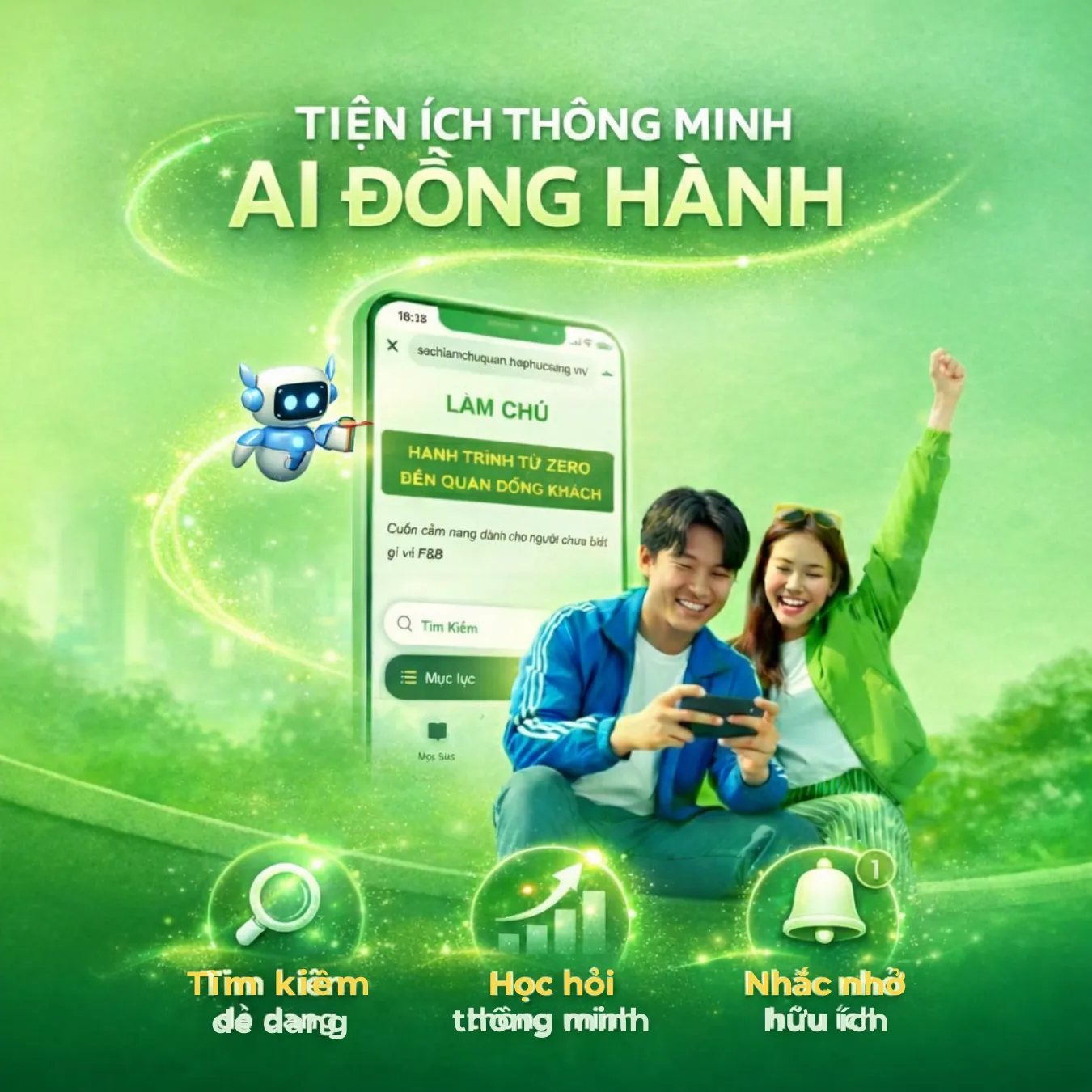 Hai bạn trẻ dùng điện thoại mở sách điện tử có trợ lý AI đồng hành