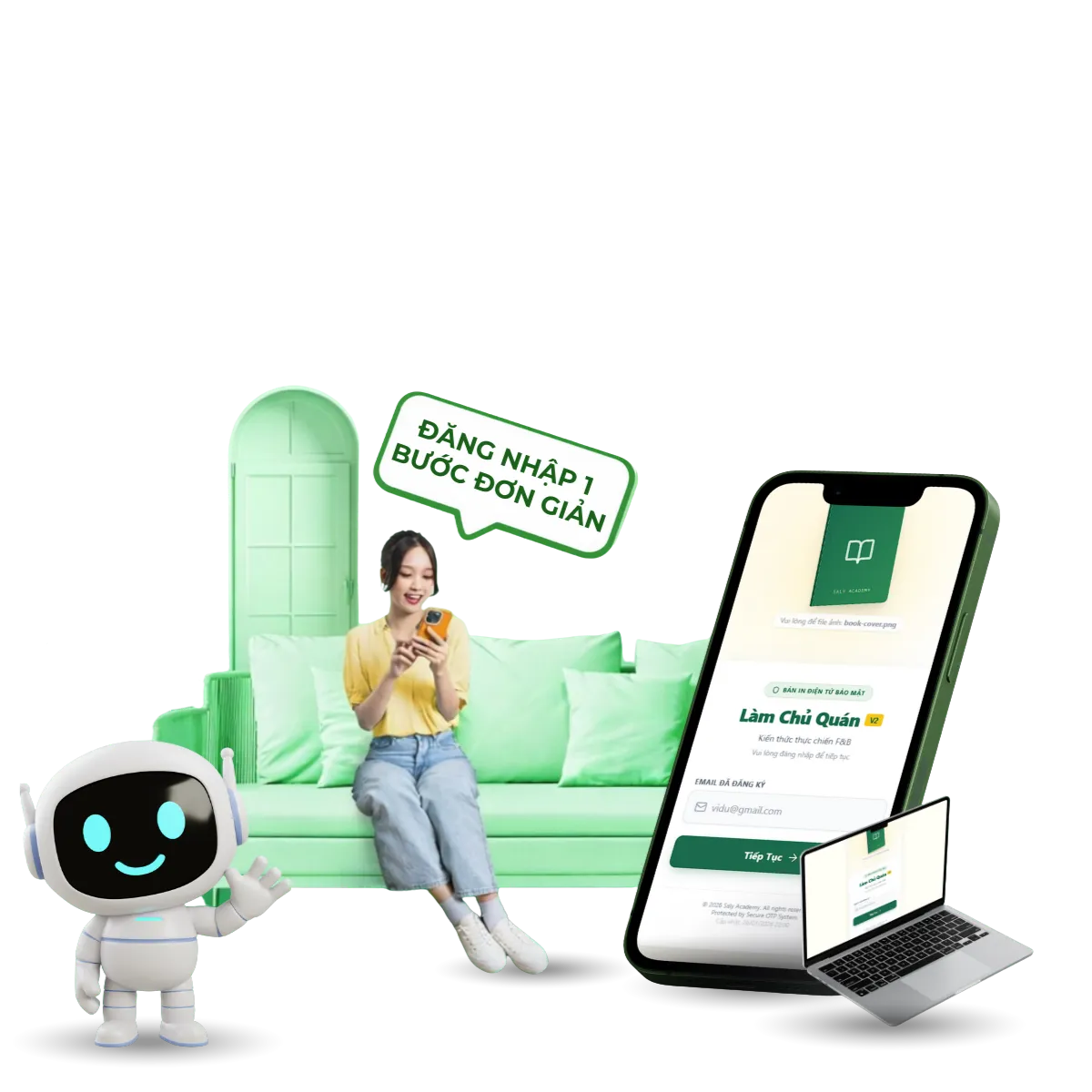 Người đọc sách điện tử trên ghế sofa cùng máy tính hiển thị trang đăng nhập Làm Chủ Quán