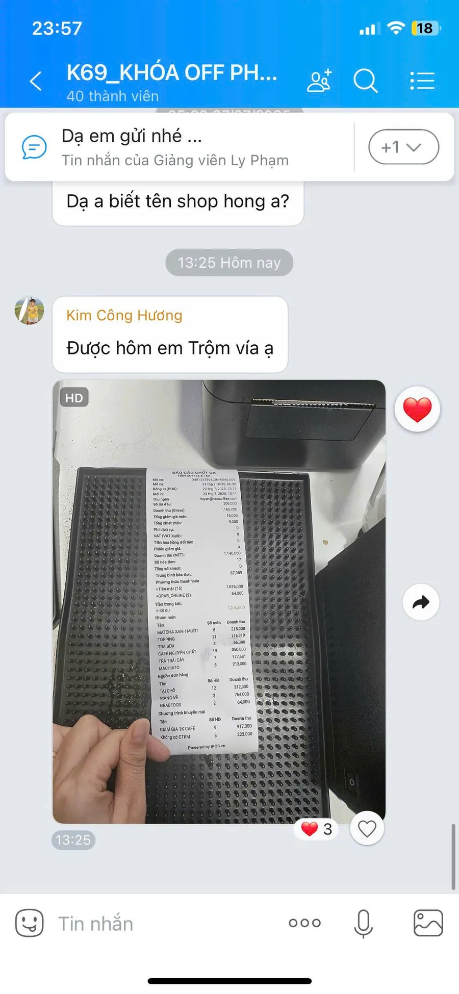 Ảnh chụp bài đăng học viên chia sẻ menu quán mới